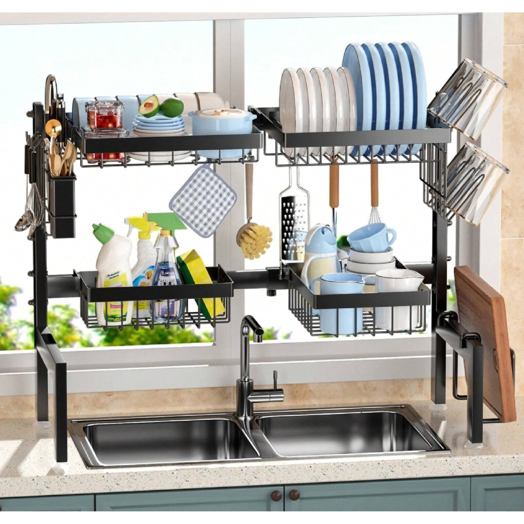 Over The Sink Dish Drying Rack, Adjustable 2 Tier Metal Steel Dish ...