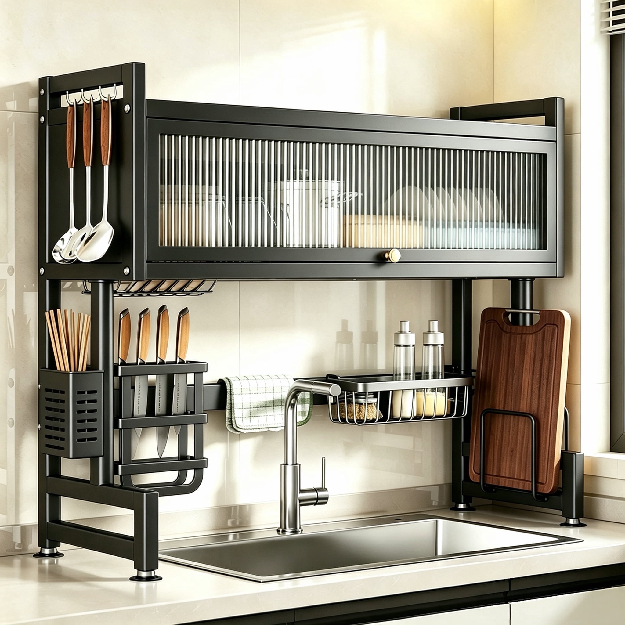 CATGOOD Over the Sink Dish Rack with Cabinet Doors , 31.5