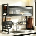 thumbnail image 1 of CATGOOD Over the Sink Dish Rack with Cabinet Doors , 31.5" L x 11.8" W x 33.5" H 2 Tier Stainless Steel Large Dish Drying Rack for Kitchen Counter, Black, 1 of 9