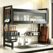 CATGOOD Over the Sink Dish Rack with Cabinet Doors , 31.5" L x 11.8" W x 33.5" H 2 Tier Stainless Steel Large Dish Drying Rack for Kitchen Counter, Black