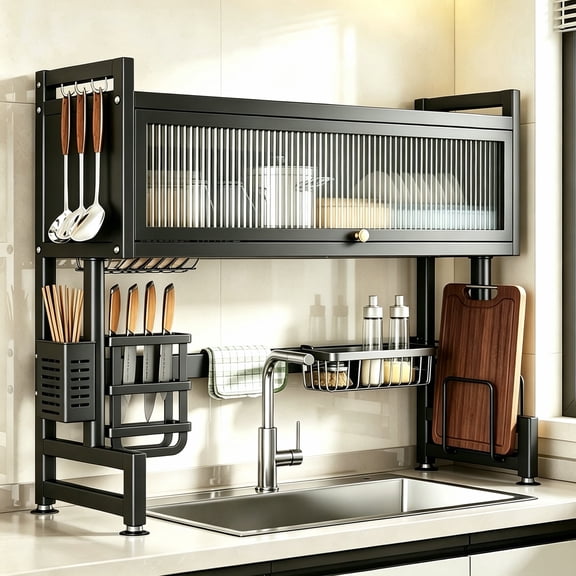 CATGOOD Over the Sink Dish Rack with Cabinet Doors , 31.5" L x 11.8" W x 33.5" H 2 Tier Stainless Steel Large Dish Drying Rack for Kitchen Counter, Black