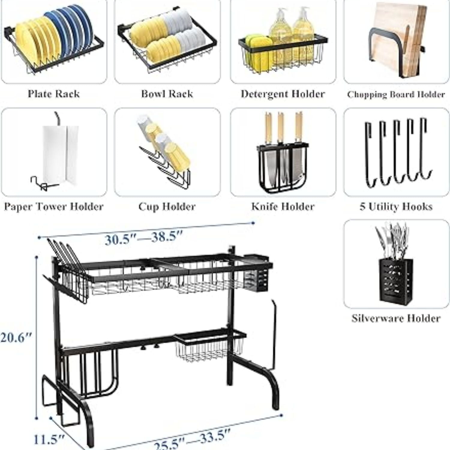 Over The Sink Dish Drying Rack, Adjustable (25.5 to 33.5 inch) 2 Tier Metal Steel Dish Drying Racks for Kitchen Counter with Hooks Paper Towel Utensil Cup Holder Sink Caddy (Black)