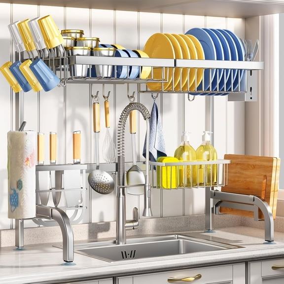 Over The Sink Dish Drying Rack, Adjustable (25.5 to 33.5 inch) 2 Tier Metal Steel Dish Drying Racks for Kitchen Counter with Hooks Paper Towel Utensil Cup Holder Sink Caddy (Black)