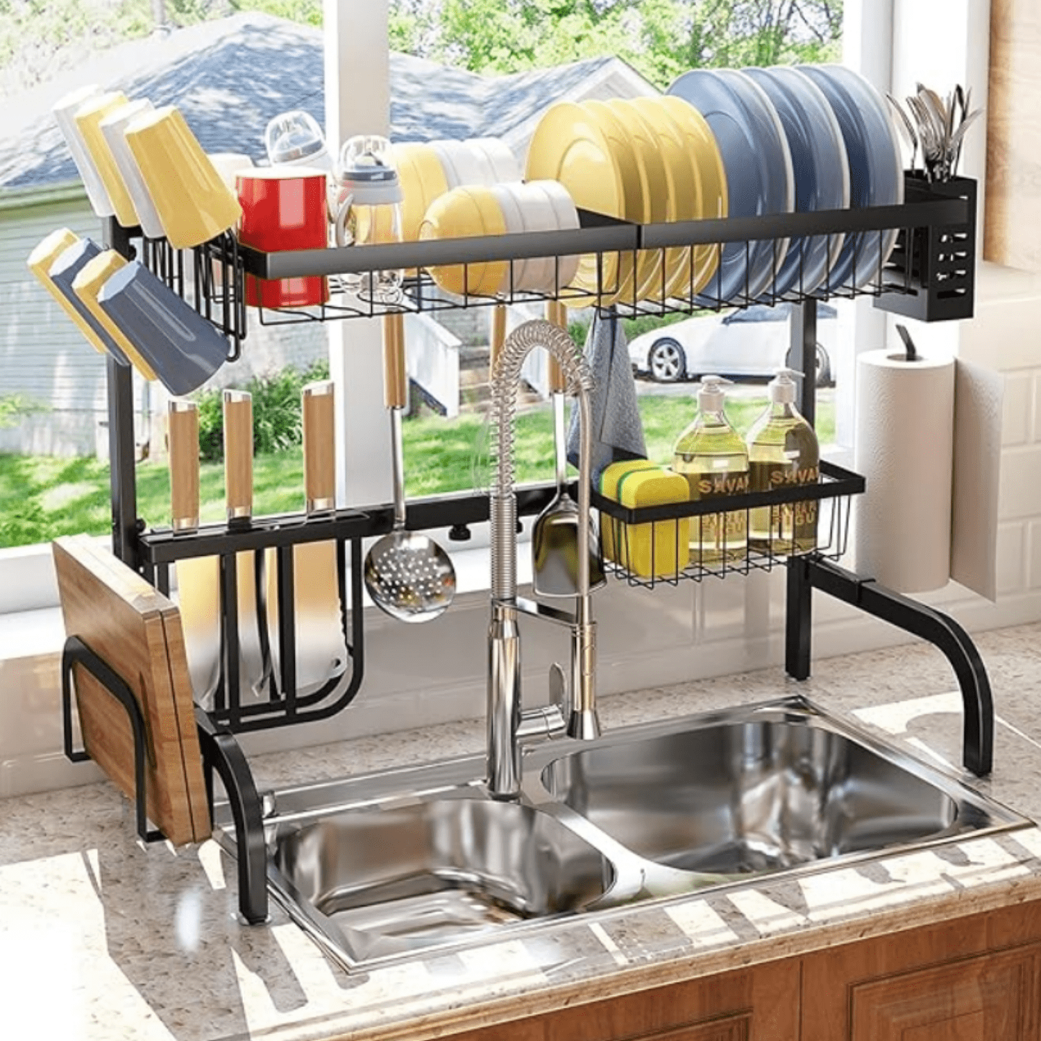 Over The Sink Dish Drying Rack, Adjustable (25.5 to 33.5 inch) 2 Tier Metal Steel Dish Drying Racks for Kitchen Counter with Hooks Paper Towel Utensil Cup Holder Sink Caddy (Black)