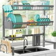 thumbnail image 1 of Over The Sink Dish Drying Rack - Adjustable 3 Tier XX-Large Capacity Stainless Steel Drainer with Cutlery & Utensil Holders, Kitchen Storage & Organization, 31.5"-39.5"L x 12"W x 30.5"H, Gray, 1 of 12