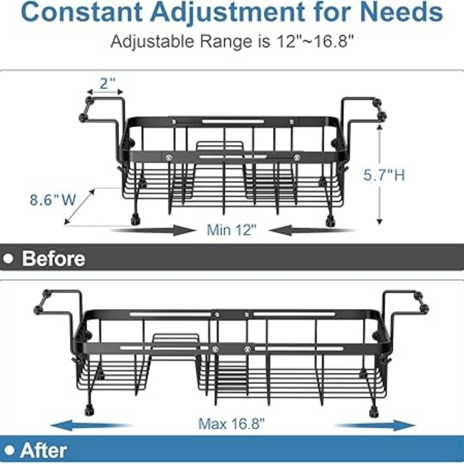 Sink Dish Drying Rack, Capacity Expandable Over Sink Dish Rack (12"-16.8"), in Sink Dish Drainer for Kitchen Counter with Utensil Holder and Handle, Black