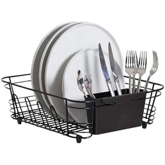 in Sink Dish Drying Rack, Dish Drying Rack in Sink with Non-Slip Handles, Stainless Steel Space-Saving Design, 2-Piece Set with Utensil Holder, 14.5 x 13 x 5 Inch, Black