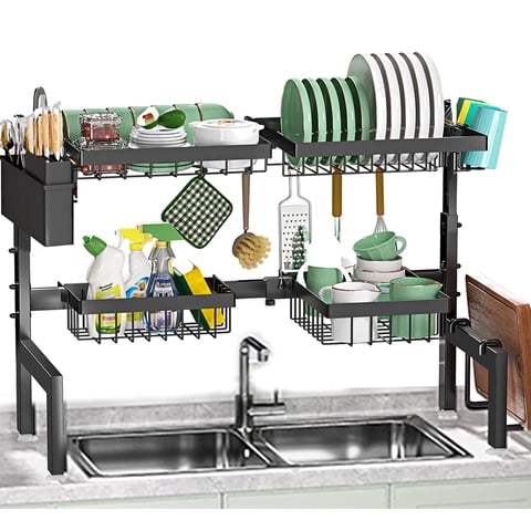 Over The Sink Dish Drying Rack, WLRETMCI Dish Drying Rack 2 Tier Adjustable 25.9"-33.4" Dish Rack for Kitchen Counter,Stainless Steel Over Sink Dish Rack Drainer with Large Capacity, Space-Saving