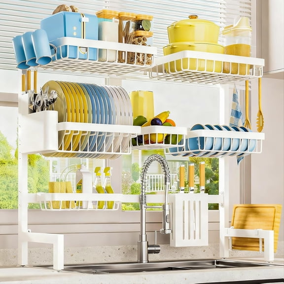 Over The Sink Dish Drying Rack, Expandable 3-Tier Stainless Steel Kitchen Storage Organization Accessories for Countertop, Rustproof & Space-Saving, 31.5"–39.5" L x 12" W x 33" H, Black