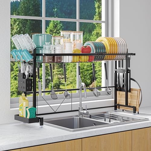 Over The Sink Dish Drying Rack, Expandable Height and Length, Large Capacity Stainless Steel Sink Rack, Kitchen Storage and Organization, 24.4"-38.2" L x 9.84" W x 17.7"-22.1" H