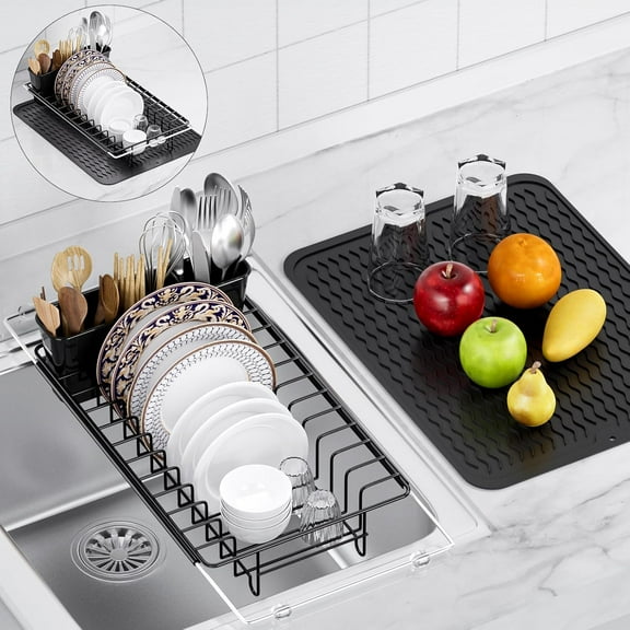 Sink Dish Drying Rack, Expandable Small Dish Drainers with Silicone Drying Mat, Stainless Steel Dish Dryer Rack with a Removable Cutlery Holder for 14-19 Kitchen Sink