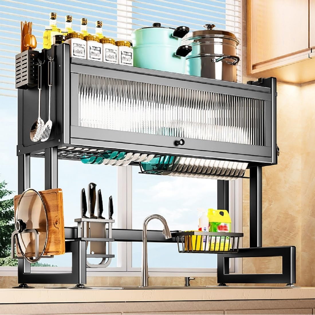 Black Stainless Steel 2-Tier Foldable Dish Rack with Utensil Cup