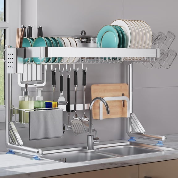 Over Sink Dish Drying Rack, Upgrade 2.5-Tier 304 Stainless Steel Dish Rack Adjustable Length with Pots and Pans Rack, Modern Over The Sink Dish Drainer Rack for Kitchen Storage Counter Organizer