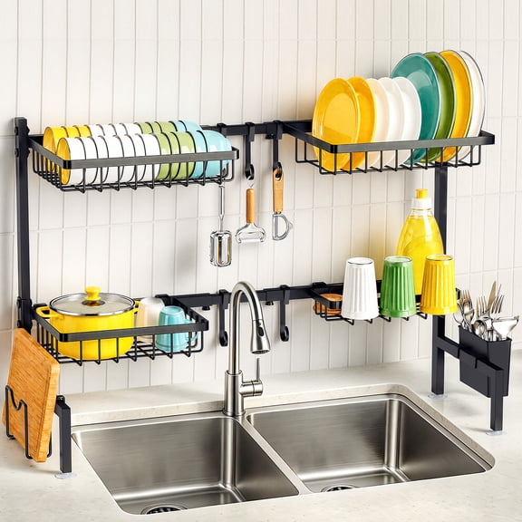 Over The Sink Dish Drying Rack, WLRETMCI Dish Drying Rack 2 Tier Adjustable Dish Rack for Kitchen Counter,Stainless Steel Over Sink Dish Rack Drainer, Space-Saving