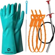 Sink Drain Cleaner All-In-One Bundle, Includes Stainless Steel Drain Snake, 3 Pcs Hair Drain Clog Remover, Protective Gloves, & Long Cleaning Brush