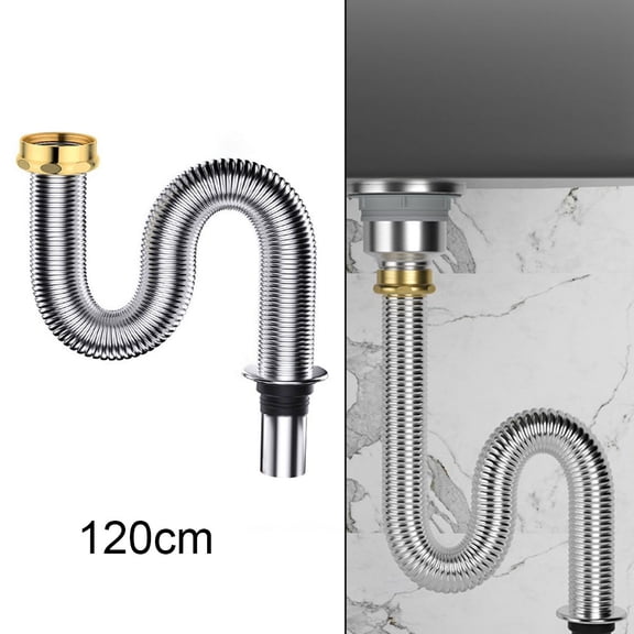 Sink Drain Fittings 120/150Cm Stainless Steel Sink Siphon Waste Drain Flexible Pipe Hose For Kitchen Bathroom Sink