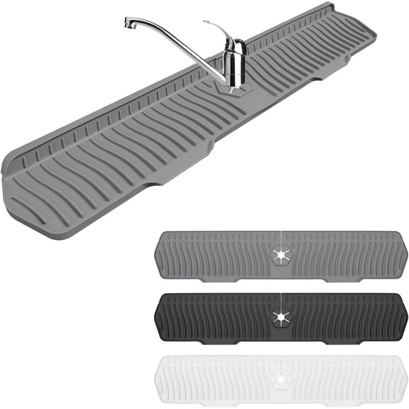 Sink Drain Mat Behind Faucet,Faucet Guard Draining Mat, 90 Foldable Tap Draining Mat for Kitchen Sink with 2 Water Ports, Faucet Drain Mats for Kitchen, Bathroom, etc (Gray, 29.5"*6.1")