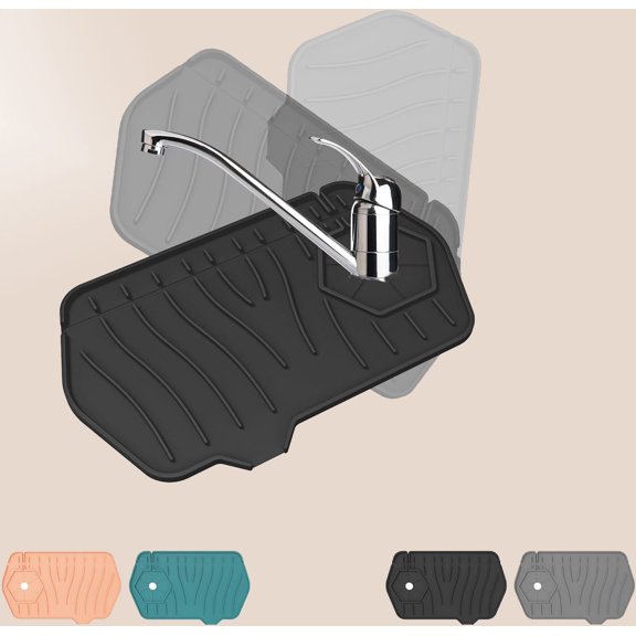 Sink Drain Mat Behind Faucet, Unilateral Faucet Guard Draining Mat, 90 Foldable Tap Draining Mat for Kitchen Sink with 2 Water Ports, Faucet Drain Mats for Kitchen, Bathroom, etc (Black)