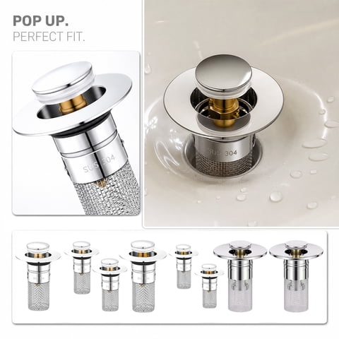 Sink Drain, Pop Up Sink Drain Stopper, Sink Drain Strainer, Sink Stopper with Basket, 3X1.5X3 Inch Stainless Steel Bathroom Push Type Basin Plug with Integrated Mesh Catcher,