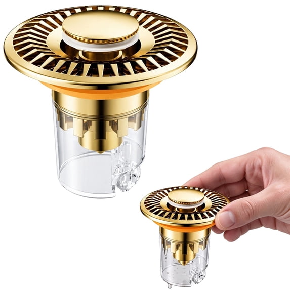 Sink Drain Strainer, Gold Press-Up Drain Stopper, Double Seal Odor ...