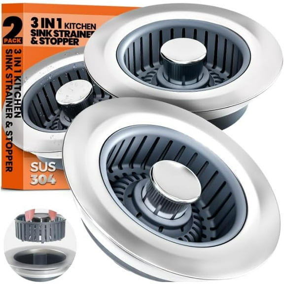 Sink Drain Strainer - Sink Stopper, 3-in-1 Kitchen Stainless Steel Drain Plug with Anti-Clog Basket, Pop-Up Cover Fits Standard 3-1/2 Openings for Double Bowl Kitchen Sinks