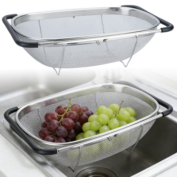 Over Sink Expandable Colander, Collapsible Fine Mesh Strainer Basket with Non- Extendable Silicone Grip, Stainless Steel Kitchen Accessories for Rinsing Pasta, Rice, Fruits, and Vegetables