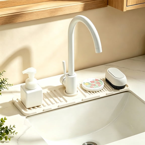 Sink Faucet Splash Guard, Countertop Draining Mat, Sloped Sink Mat with Channels for Quick Water for Kitchen Sinks Bathroom, Flexible Silicone with a Faucet Opening with Catches Drips