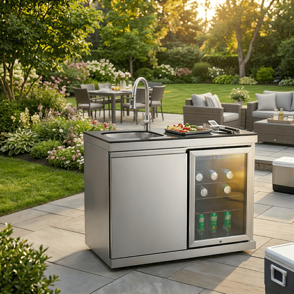 Sink and Fridge Combo for Outdoor Kitchen, 70L Refrigerator and Sink with Pull-Down Faucet, Brushed SS and Black Granite Countertops, All-in-One BBQ Island Cleaning Station (Silver)