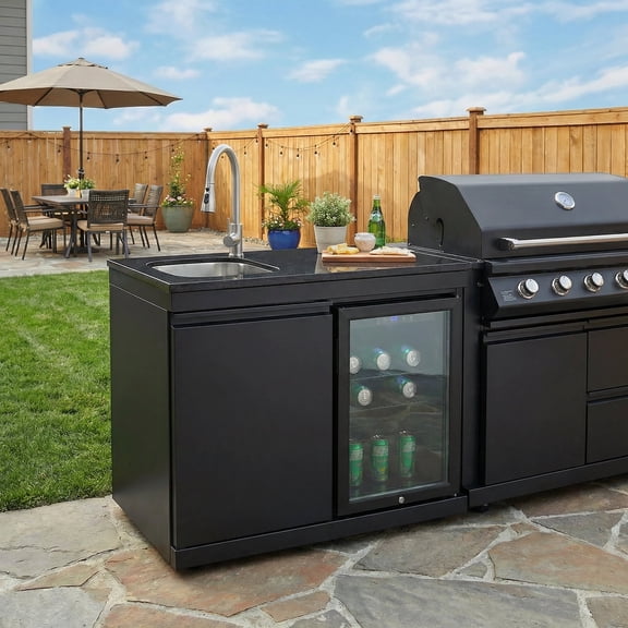 Sink and Fridge Combo for Outdoor Kitchen, 70L Refrigerator and Sink with Pull-Down Faucet, Brushed SS and Black Granite Countertops, All-in-One BBQ Island Cleaning Station (Black)