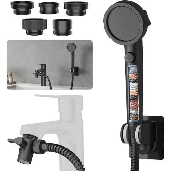 Sink Hose Sprayer Attachment for Faucet, 3 Mode Shower Attaches to Tub Faucet with 5 Adapters, High Shower for Bathtub, Handheld Showerhead with Filter (Black)