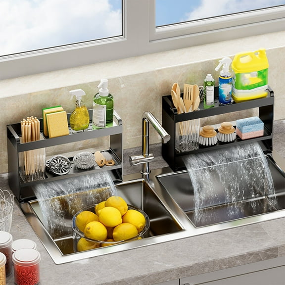 Over Sink Kitchen Organizer Rack | Stainless Steel Counter Storage Shelf for Utensils Sponges | Rustproof Ventilated Easy-Clean Drainer Tray | 29x18x9cm | 1 Piece Gray