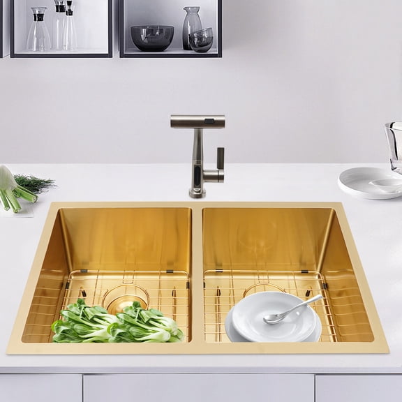 Sink, Kitchen Sink, Double Bowl 33x20 Inch Gold Undermount Sink with 2 Gold Draining Racks & 2 Drainers, Quiet Pads, Easy Clean, for Kitchen