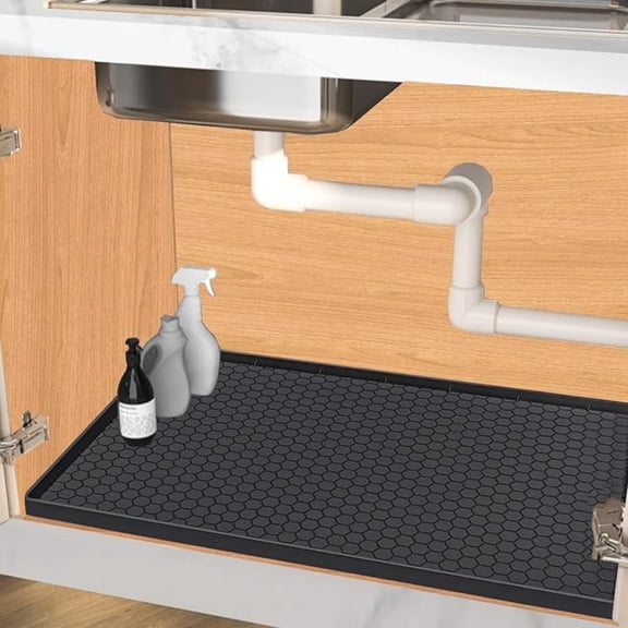 Under Sink Mat 28 x 19 for Kitchen Waterproof, Silicone Under Sink Liner, Bathroom Kitchen Cabinet Protector Mat, Easy to Clean Cabinet Mat Organizers and Storage, Black