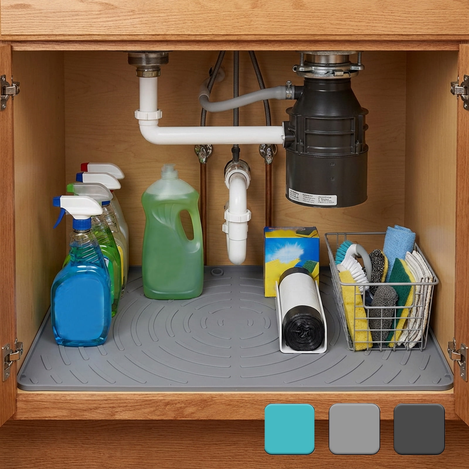 Under Sink Mat 34 x 22 in Silicone Cabinet Liner – Waterproof Leakproof Drip Tray, Nonslip, Easy Clean, Eco Friendly, Black, Multi-Purpose Kitchen Bathroom