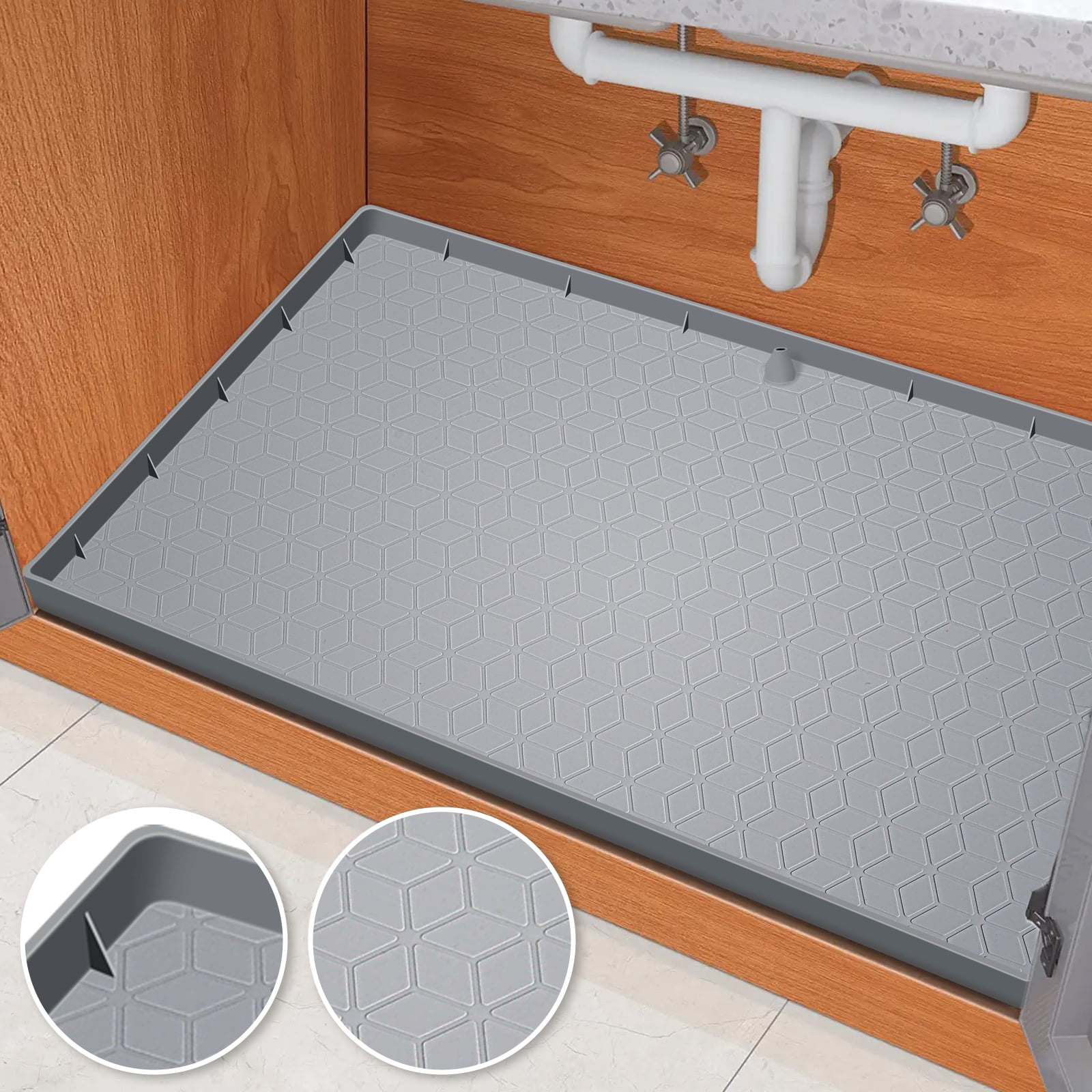 Under Sink Mat, 34" x 22" Under Sink Mats for Kitchen Waterproof - Silicone Under Sink Liner Drip Tray with Drain Hole, Sink Cabinet Mat for Kitchen & Bathroom (Grey)