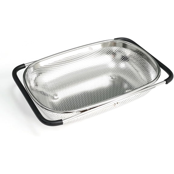 Over the Sink Metal Strainer and Colander for Kitchen - Large Food Strainers and Colanders with Rubber Grip - Sieve Fine Mesh Stainless Steel for Spaghetti, Pasta, Rice, Fruits, Vegetables