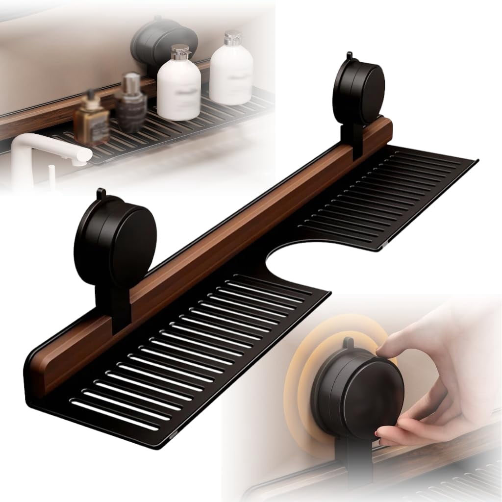 Sink No-Drill Bathroom Organizer Shelf, Walnut Bathroom Kitchen Suction Storage Holder