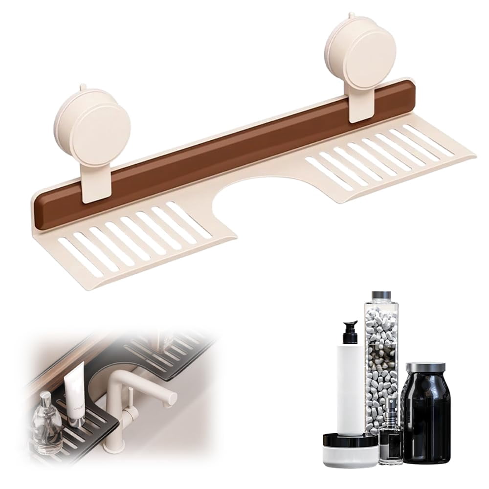 Sink No-Drill Bathroom Organizer Shelf, Walnut Bathroom Kitchen Suction Storage Holder