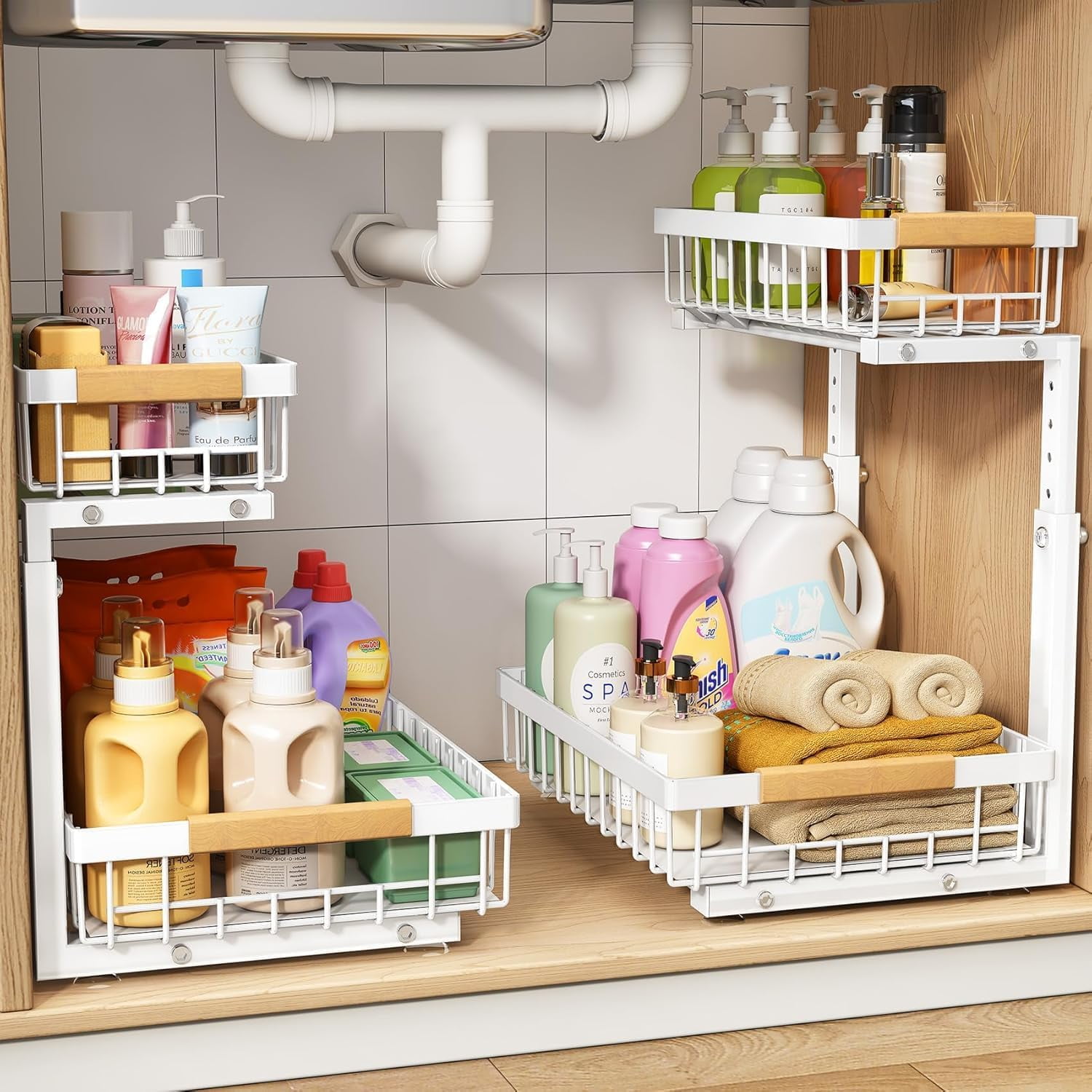 Under Sink Organizer,1 Pack,2 Tier Metal Slide out Sink Shelf Pull out Cabinet Organizer Drawers, Under Sink Organizers and Storage for Kitchen Bathroom Pantry Closet Cabinet