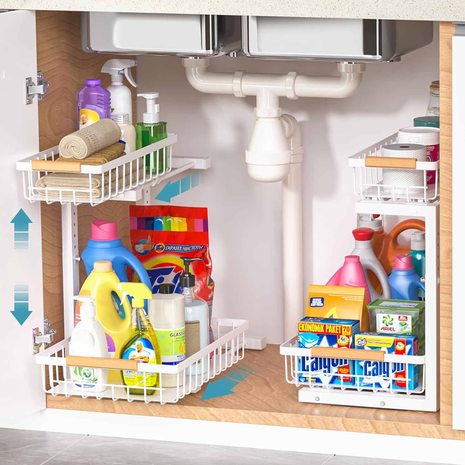 Under Sink Organizer 1 pack, 2 Tier Slide Out Under Sink Organizers And Storage, Height Adjustable Pull Out Cabinet Organizer Drawers, Kitchen Bathroom Metal Sink Storage Shelves