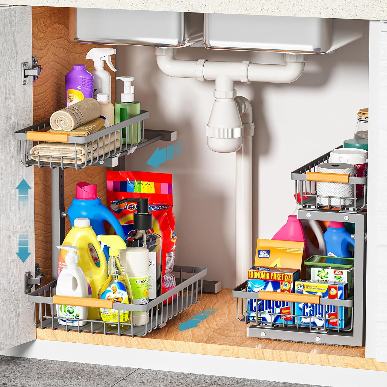 Under Sink Organizer 1 pack, 2 Tier Slide Out Under Sink Organizers And Storage, Height Adjustable Pull Out Cabinet Organizer Drawers, Kitchen Bathroom Metal Sink Storage Shelves
