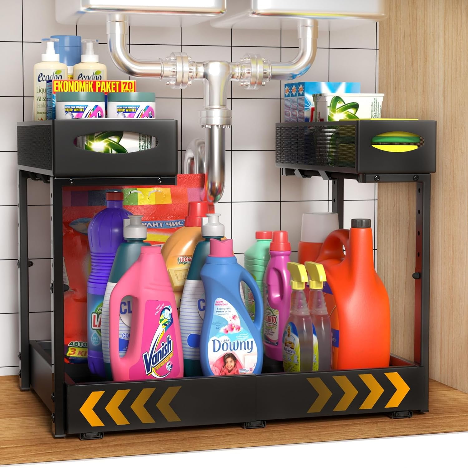 Under Sink Organizer, 14"-21" Width Expandable, 13"-17" Height Adjustable, 2 Tier Metal Pull Out Under Sink Storage Rack with 3 Sliding Rails for Kitchen Bathroom Cabinet, Double Side