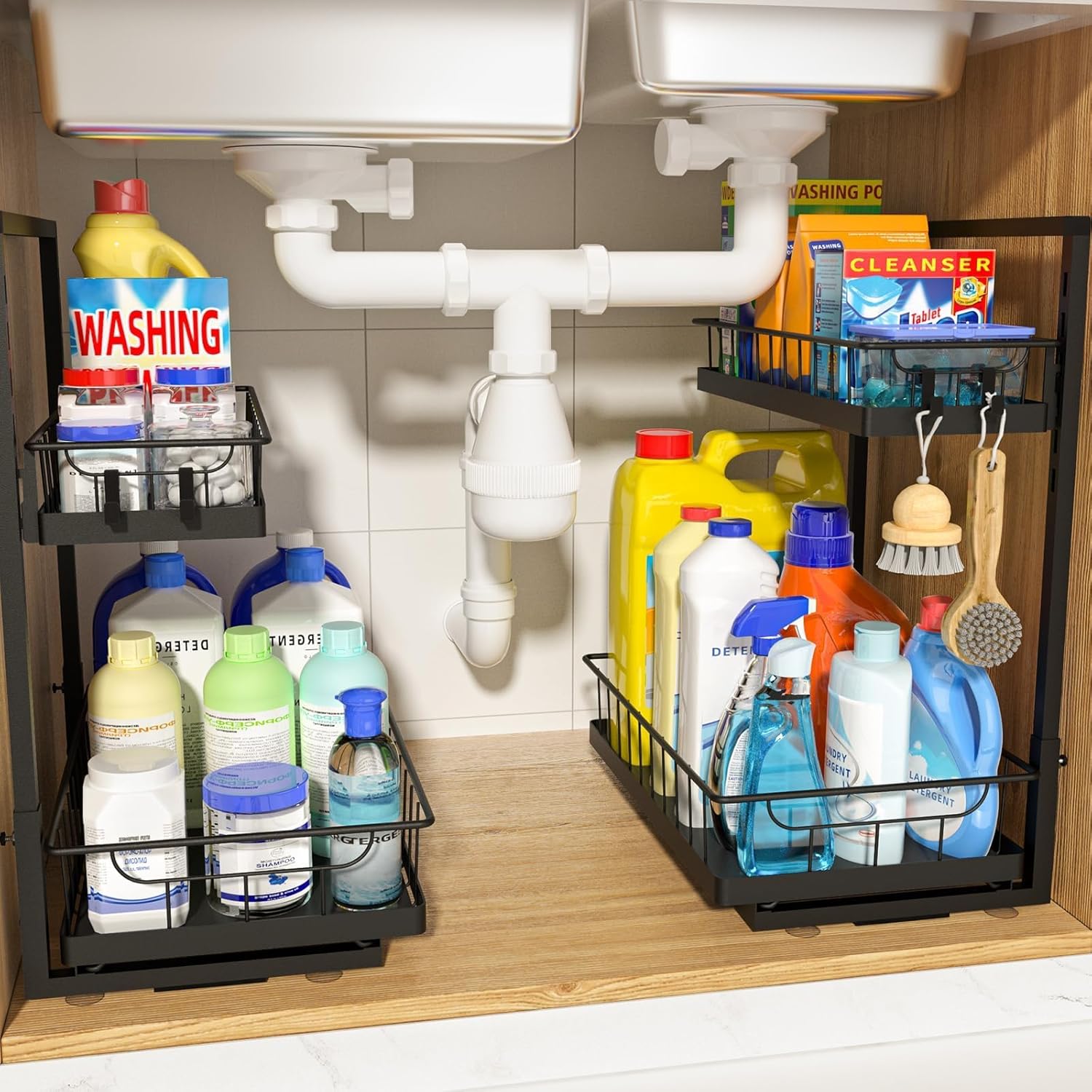 Under Sink Organizer 2 Pack, 2-Tier Cabinet Organizer for Kitchen, Bathroom, Slide Out Drawer Under Sink Organizers and Storage, Metal Organizing Rack for Pantry, Cabinet, Closet