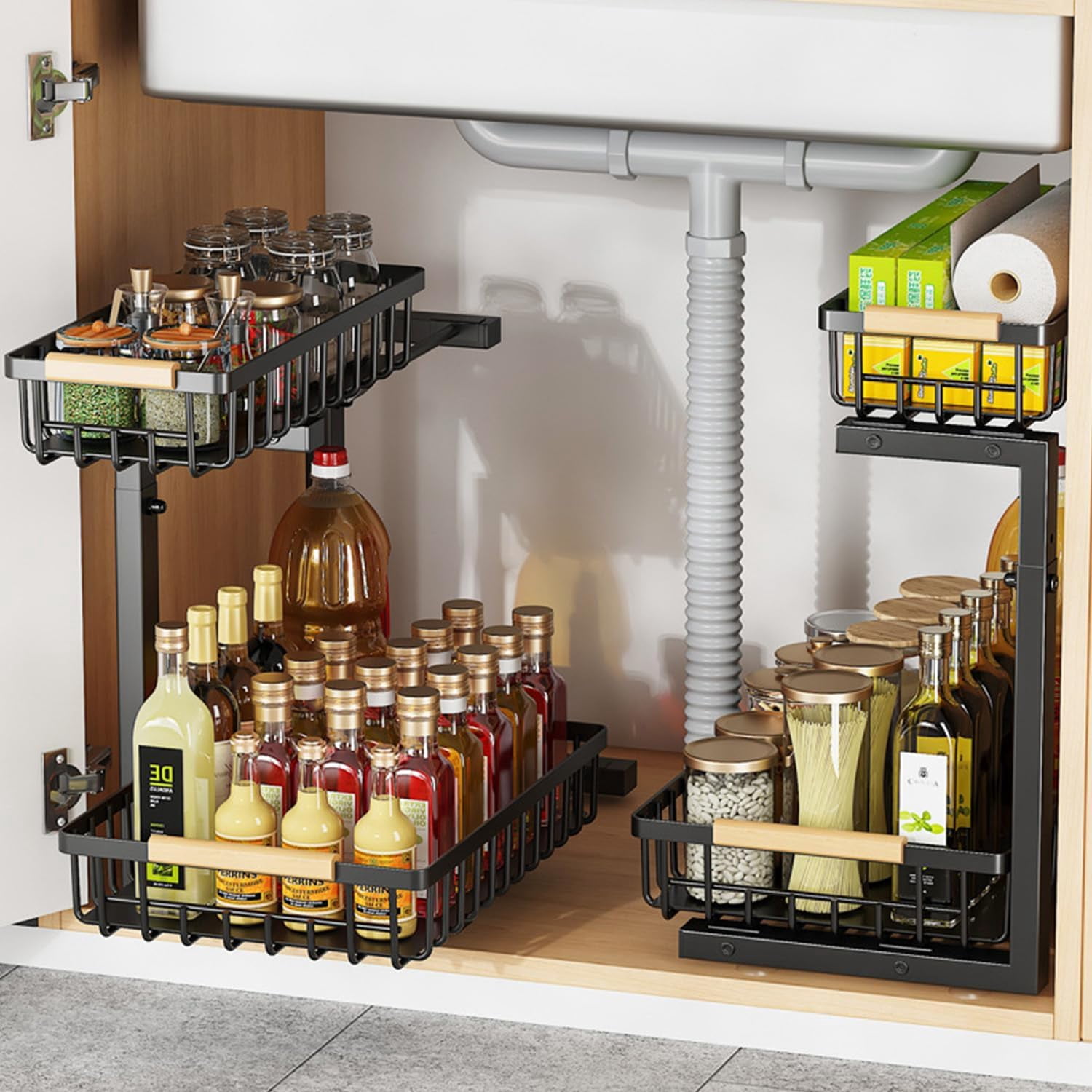 Under Sink Organizer, 2 Pack 2 Tier Pull Out Organizers and Storage for Under Sink Cabinet Kitchen Bathroom Pantry, Metal 2 Layer Sliding Drawer Organizing Rack Shelf, Black
