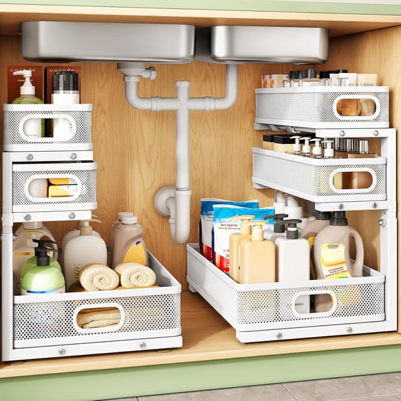 Under Sink Organizer, 2-Pack 3-Tier Height Adjustable Thickened Metal Pull out Cabinet Organizer Shelf, Slide out Storage Drawer Rack for Bathroom Kitchen Pantry Home Laundry Organization