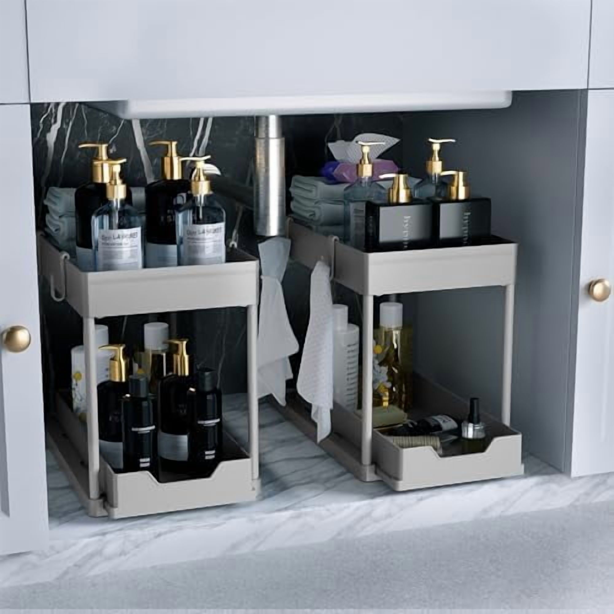 Under Sink Organizer 2 Pack，Bathroom Cabinet Organizer，2 Tier Sliding Cabinet Basket Organizer Drawer, Multi-Purpose Bath Collection Baskets for Bathroom (Grey)