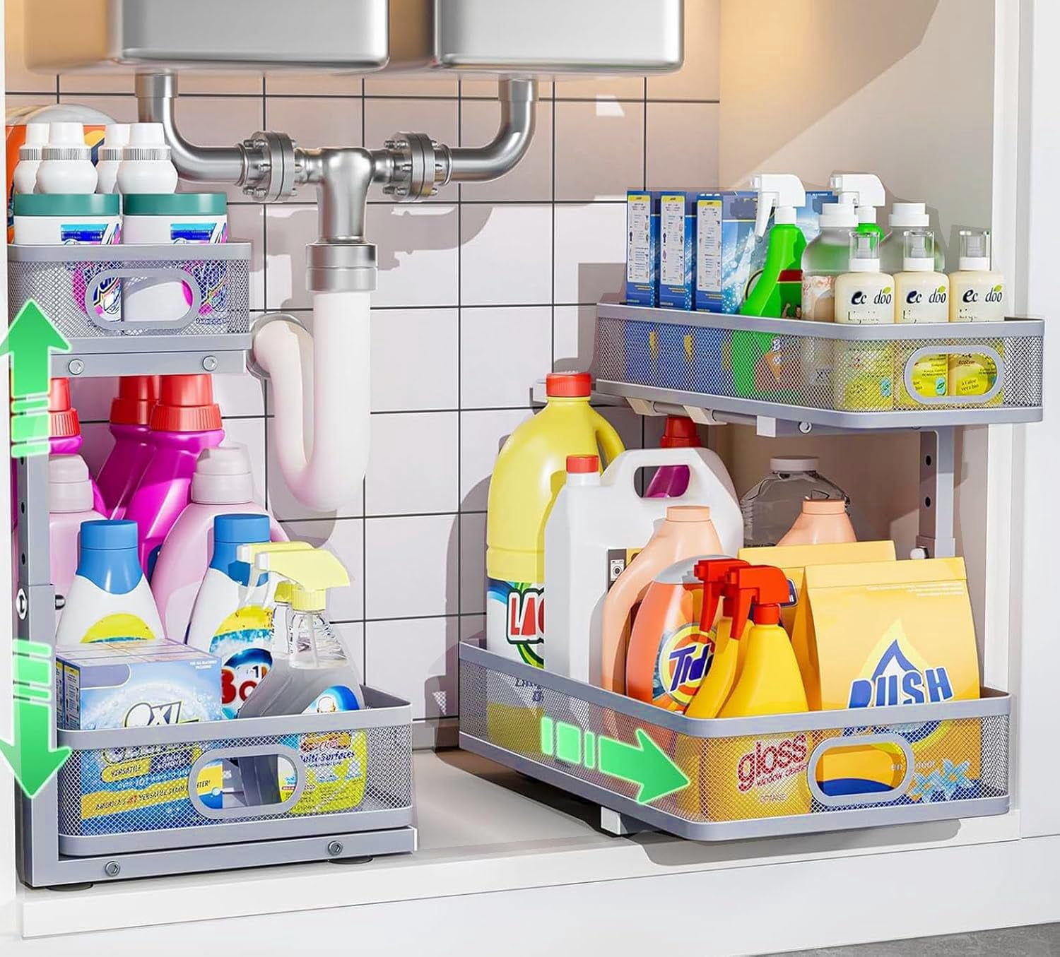 Under Sink Organizer 2 Pack, High Adjustable 2 Tier Under Sink Organizers and Storage, Slide out Metal Cabinet Organizers, Pull out Storage Drawer Shelf for Kitchen Bathroom Cabinet