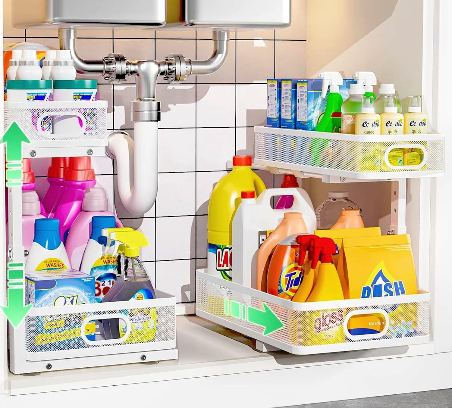Under Sink Organizer 2 Pack, High Adjustable 2 Tier Under Sink Organizers and Storage, Slide out Metal Cabinet Organizers, Pull out Storage Drawer Shelf for Kitchen Bathroom Cabinet