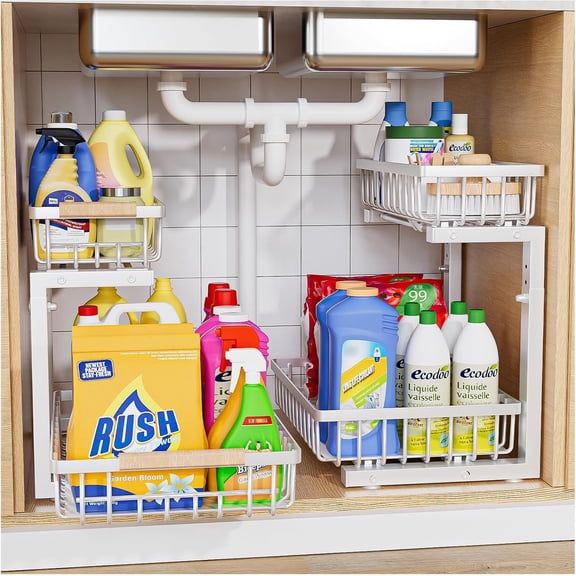 Under Sink Organizer,2 Pack Under Kitchen Sink Organizer,2 Tier Sliding-Out,5 Level Height Adjustable,Thickened Carbon Steel,Anti-Rust ,for Kitchen Bathroom Black
