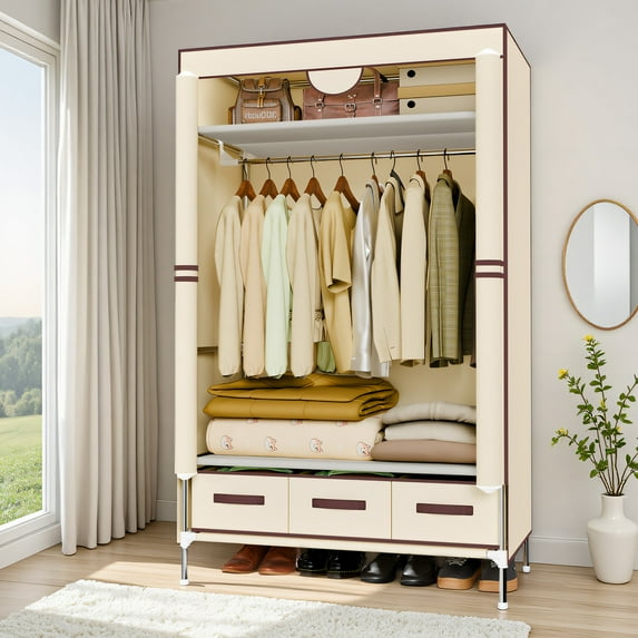 Simple & Portable Non-Woven Fabric Wardrobe with Hanging Space for Coats and Bags, Sturdy & Easy to Assemble, Includes 3 Storage Drawers, Ideal for Rentals, Dorms, Bedrooms, Light Beige